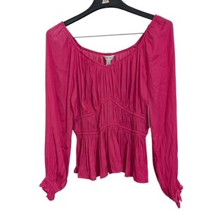 NWT Nine West Fuchsia Long Sleeve Blouse Ruching Ruffles Woman's S